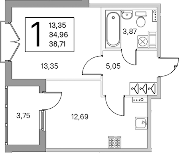 1-комнатная квартира 36.84 м², 4/4 эт., ЖК «Любоград в Стрельне»
